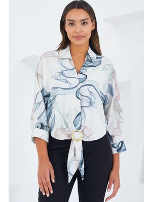 Hiccup Kadın BDART Pompom Detaylı Desenli Kısa Gömlek Lacivert