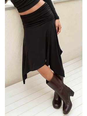 Hiccup Kadınlar Drapeli Normal Bel Asimetrik Esnek Sandy Midi Etek Siyah