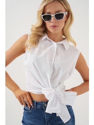Hiccup Kadın BDART Fiyonk Detaylı Kısa Gömlek Beyaz