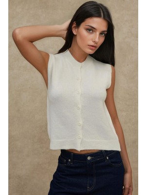 Hiccup Kadın Bisiklet Yaka Yumuşak Dokulu Triko Yelek Üst Fildişi Doğal