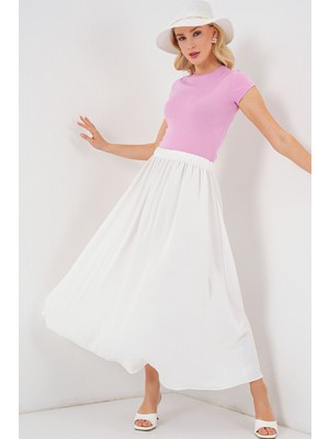 Hiccup Kadın BDART Çekmece Bel Detaylı Dokulu Maxi Etek Beyaz