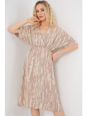 Hiccup Kadın BDART Çekmeli V Yaka Midi Elbise Bej Doğal