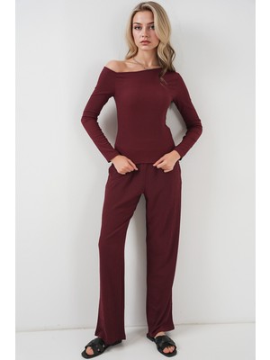 Hiccup Kadın BDART Tekstürlü Uzun İkili Takım, Bot Yaka Bordo Kırmızı