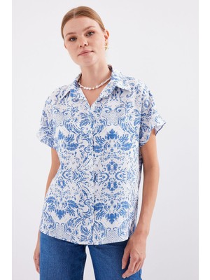 Hiccup Kadın BDART Kısa Kollu Düğmeli Gömlek Koyu Mavi Denim