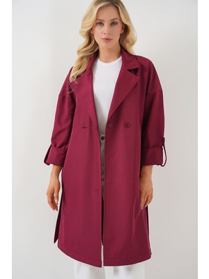 Hiccup Kadınlar BDART Kruvaze Yaka Kuşaklı Trençkot Bordo Kırmızı