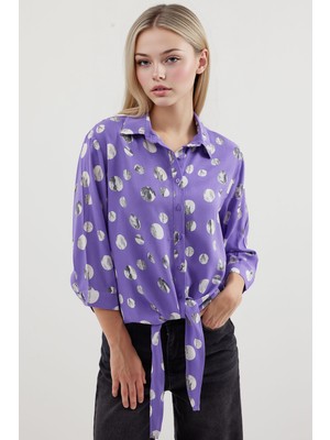 Hiccup Kadın BDART Fiyonk Detaylı Desenli Viskon Gömlek Lila Mor