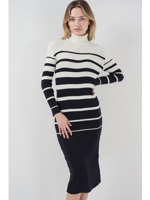Hiccup Kadınlar BDART Çizgili Ribana Yaka Midi Triko Elbise Siyah