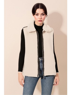 Hiccup Kadın BDART Suni Kürk Payetli Fermuarlı Yelek Beyaz