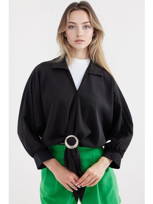 Hiccup Kadın BDART Kurdele Bağlamalı Kısa Bluz Siyah