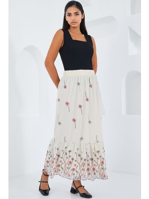 Hiccup Kadın BDART Çiçek Desenli Maxi Etek Bej Doğal