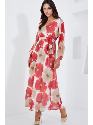 Hiccup Kadın BDART Çiçek Desenli V Yaka Maxi Kapatma Elbise ve Kemer Bej Doğal