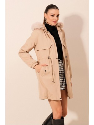 Hiccup Kadın BDART Kapüşonlu Suni Deri Sahte Kürk Ceket Bej Doğal