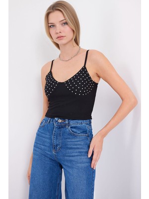 Hiccup Kadın BDART Nakışlı, Fitilli Kısa Üst, Düz Yaka Siyah