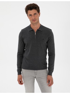Pierre Cardin Erkek Antrasit Melanj Slim Fit Polo Yaka Fermuarlı Basic Triko Kazak 50314191-VR081