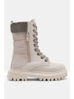 Kız Çocuk Bej Cilt Termo Taban Taş Detaylı Fermuarlı ve Bağcıklı Cırtlı Bot