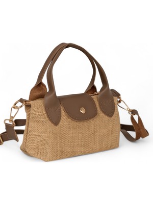 Kadın Vizon Mini Boy Askılı Hasır El ve Çapraz Çanta