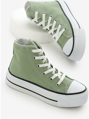 Çocuk Unisex Mint Yeşili Termo Kalın Taban Bağcıklı Uzun Keten Spor Ayakkabı