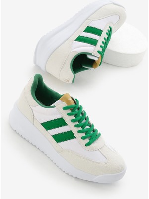 Unisex Beyaz Yeşil Termo Taban Çift Şeritli Bağcıklı Spor Ayakkabı