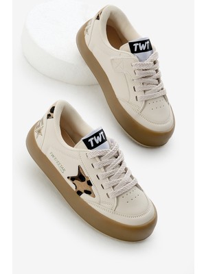 Tonny Black Çocuk Unisex Bej Leopar Termo Taban Spor Ayakkabı Bağcıklı ve Cırtlı Yıldız Detaylı Tasarım