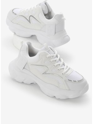 Kadın Beyaz Yüksek Eva Faylon Taban Nefes Alabilen Kumaş Desenli Bağcıklı Spor Ayakkabı