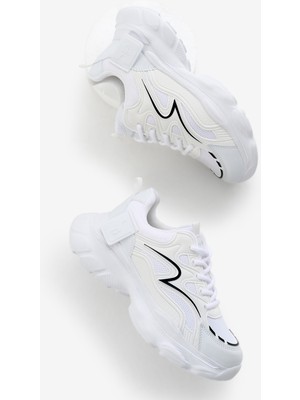 Kadın Beyaz Siyah Yüksek Eva Faylon Taban Nefes Alabilen Kumaş Desenli Bağcıklı Spor Ayakkabı