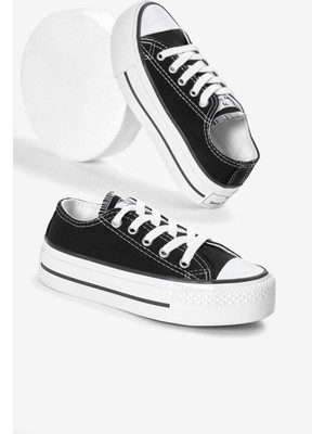 Çocuk Unisex Siyah Termo Kalın Taban Bağcıklı Keten Spor Ayakkabı