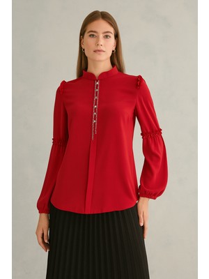 1040 Gömlek Önü Taş Detaylı Ömzu Vel Kolu Fırfır Kol Ucu Lastikli Hakim Yaka Gömlek Qys Gömlek 1040 #23-04#