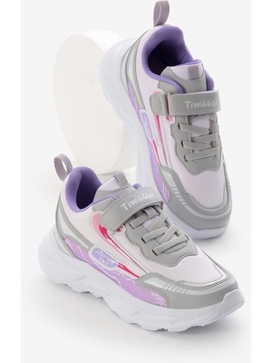 Çocuk Unisex Gri Lila Eva Faylon Taban Desenli Cırtlı Lastik Bağcıklı Spor Ayakkabı