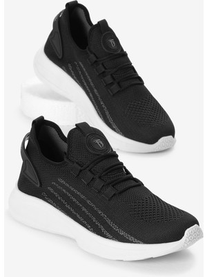 Unisex Siyah Beyaz Termo Taban Şerit Detaylı Bağcıklı Triko Spor Ayakkabı