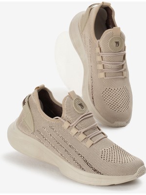 Unisex Bej Termo Taban Şerit Detaylı Bağcıklı Triko Spor Ayakkabı