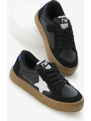 Tonny Black Çocuk Unisex Spor Ayakkabı Termo Tabanlı Siyah Beyaz Yıldız Detaylı Bağcıklı ve Cırtlı