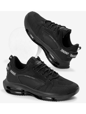Erkek Siyah Hava Yastıklı Kalın Taban Triko Spor Ayakkabı