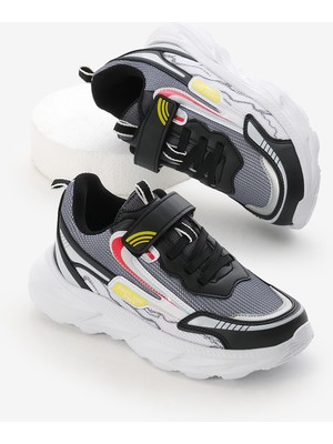 Çocuk Unisex Siyah Füme Eva Faylon Taban Desenli Cırtlı Lastik Bağcıklı Spor Ayakkabı
