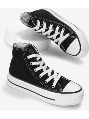 Tonny Black Çocuk Unisex Siyah Keten Spor Ayakkabı Termo Kalın Taban Bağcıklı Dayanıklı Tasarım