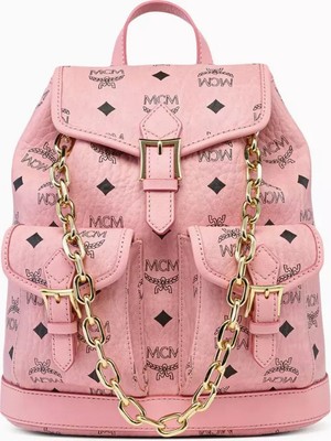 Mcm Mini Aren Pudra Pembe Visetos Altın Zincir Detaylı Lüks Sırt Çantası