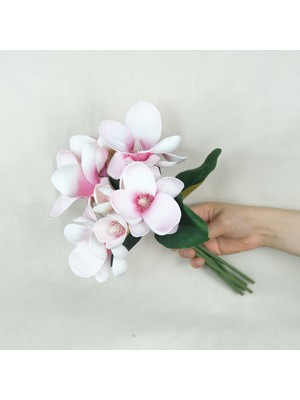 Pembe Damarlı Manolya Çiçeği 7 Li Yapay Çiçek Lateks Islak Manolya Çiçek Demeti 33 cm