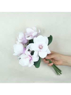 Lila Damarlı Manolya Çiçeği 7 Li Yapay Çiçek Lateks Islak Manolya Çiçek Demeti 33 cm