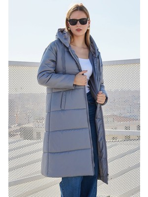 Hiccup Kadınlar BDART Cep Detaylı Uzun Kapüşonlu Şişme Mont Gri