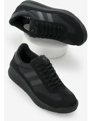 Unisex Siyah Termo Taban Çift Şeritli Bağcıklı Spor Ayakkabı