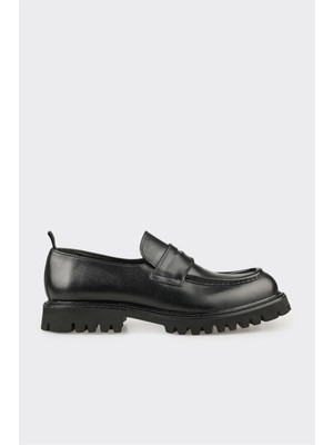 ELLE Siyah Deri Erkek Loafer Kalın Taban Günlük Kullanım İçin Rahat Slip-on Ayakkabı