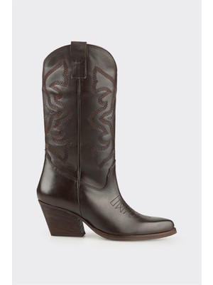 ELLE Kadın Western Çizme Kahve Deri Orta Kalın Topuklu Şık Tasarım Günlük Kullanım