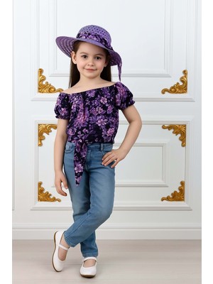 Kız Çocuk Şapkalı , Jeans Pantolon , Bluz Yazlık Ikili Takım M00731