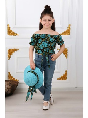 Kız Çocuk Şapkalı , Jeans Pantolon , Bluz Yazlık Ikili Takım M00731