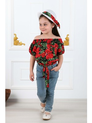 Kız Çocuk Şapkalı , Jeans Pantolon , Bluz Yazlık Ikili Takım M00731