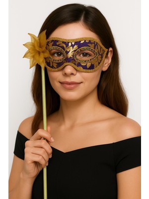 Lüks Taşlı Saplı Maskeli Balo Maskesi Mor Renk 35 cm (3791)