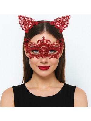 Lüks Kırmızı Dantel Taçlı Maske Seti 2 No - Parti, Balo, Kostüm Aksesuarı (3791)