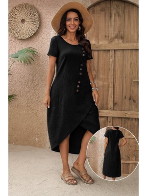 Tex Nova Kadın Kısa Kollu Bisiklet Yaka Düğme Detay Müslim Elbise