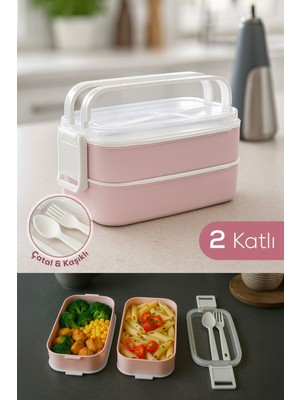 Iki Katlı Saklama Kabı ve Öğün Kabı – Çatal Kaşık Dahil Pembe