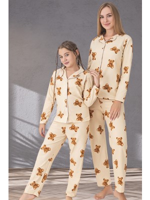 Zekalya Anne Kız Kombini Ayıcık Desenli Gömlek Yaka Pijama Takımı Kız Çocuklar İçin Rahat Düğmeli Tasarım