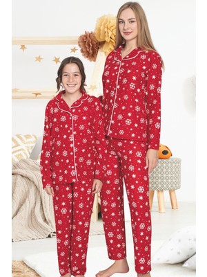 Anne Kız Kırmızı Pijama Takımı - Kar Temalı